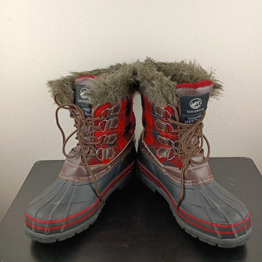 Tamarack Womens Buffalo Plaid Duck Boots Red Black Faux Fur Thinsulate Size 7